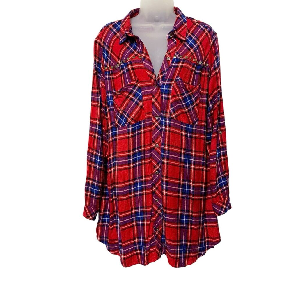 Intro Womens Large Red Blue Purple Plaid Tunic Top